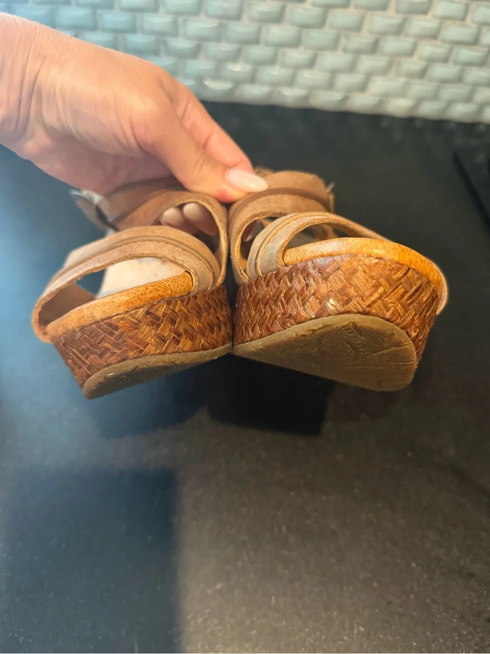 Naya tan leather wedge sandals size 7 with buckle detail